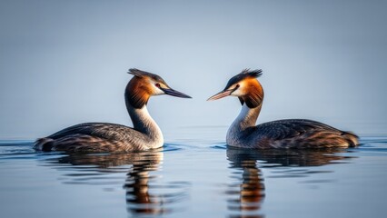 Obraz premium Two crested grebes facing each other in calm water, sunlight bathing the scene