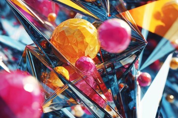 Abstract geometric composition with faceted yellow and pink spheres inside reflective triangular structures, creating vibrant and dynamic visual effect