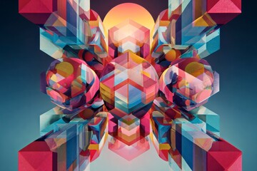 Defensive geometry shield cluster in bright abstraction with vibrant colors and layered translucent shapes creating futuristic and dynamic visual effect