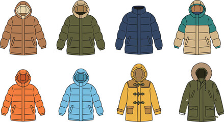 Winter jacket collection, cold weather outerwear, fashion coat icons, stylish parka designs, seasonal clothing vector, cad drawing flat vector illustration © Md