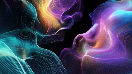 Digital abstract flow with colorful wavy lines in purple, blue, and yellow hues creating smooth, flowing, and dynamic visual effect with dark background for presentations or design