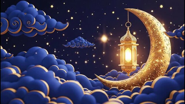 Dreamlike Night Scene With Crescent Moon Lanterns Floating Among Clouds.