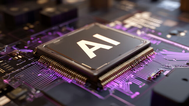 An artificial intelligence chip with illuminated circuits representing machine learning processing power and next generation computing concept.
