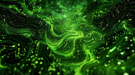 Digital green circuit lines flow in abstract wave pattern with glowing dots, creating eco technology transformation visual full of energy and motion