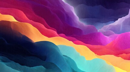 Abstract colorful layered gradient landscape with flowing textured waves in vibrant purple, pink, yellow, blue, and dark tones creating dynamic and artistic visual effect