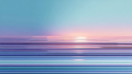 Sunset over calm ocean with smooth horizontal lines creating peaceful and serene atmosphere in soft pastel colors blending blue and pink hues