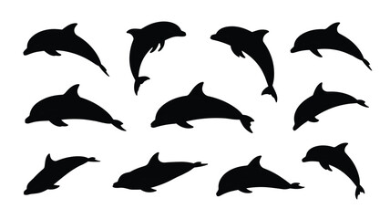 Naklejka premium Dolphin silhouettes collection isolated on white background showing jumping swimming and playful ocean wildlife poses for marine design use