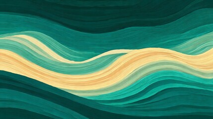 Abstract wavy lines in teal and beige colors create calm flowing rhythm with smooth texture and layered motion effect, evoking peaceful and soothing atmosphere in digital art