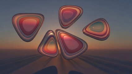 Abstract floating geometric shapes with layered colorful patterns reflecting light against a serene sunset sky, creating a futuristic and artistic composition.