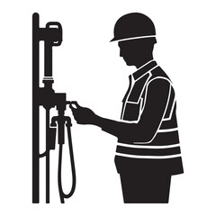  A silhouette illustration of a worker wearing a hard hat and vest while operating industrial machinery
