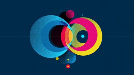 Abstract colorful circles overlapping on dark background create vibrant and dynamic composition with blue, yellow, red, and black tones, evoking modern artistic expression
