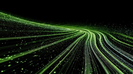Green data infrastructure with flowing lines and glowing particles creating dynamic and futuristic digital network effect in dark background