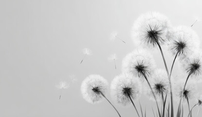 Black and white close-animated movie of dandelion seed heads with delicate, fluffy textures and intricate filament details against a soft, blurred background