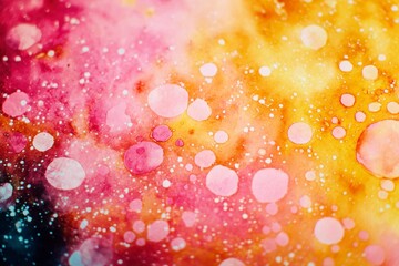 Ink diffusion on style sheet bright airy atmosphere with colorful pink and yellow watercolor bubbles creating abstract artistic background full of vibrant energy and texture