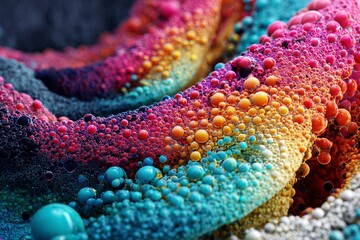 Liquid bead diffusion forming organic shapes with vibrant colors and smooth texture, creating abstract and visually captivating pattern full of depth and detail