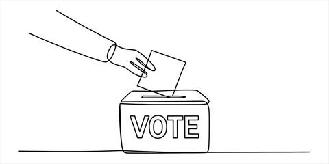 Continuous line drawing depicting a hand casting a ballot into a ballot box during an election Vector, illustration