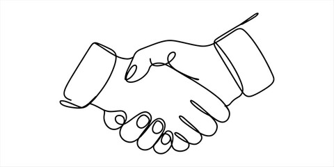A continuous line art drawing of a handshake symbolizing agreement and partnership Vector, illustration © Creative_Outline2019