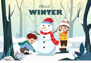 Children Building a Snowman in the Woods, The boy is rolling a snowball to complete a large snowman wearing a red hat and scarf, while a "Hello Winter" greeting sits at the top