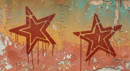 Close-up of two red stars with yellow outlines on a colorful, peeling graffiti wall.