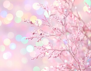 Fototapeta premium Soft pink branches with sparkling glitter before a blurry, colorful background