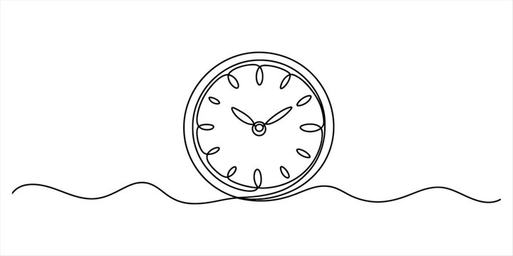 Continuous line art drawing of a minimalist clock icon with a flowing wavy line underneath Vector, illustration