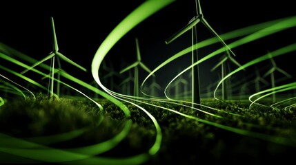 Loop green energy flow circular renewable power wind turbine at night with glowing light trails creating dynamic motion effect in dark environment