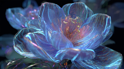Naklejka premium Glowing flower with luminous purple and blue lights, holographic petals with intricate textures and iridescent materials, futuristic and vibrant visual art