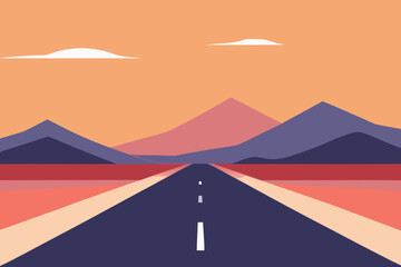 Minimal Road to Mountains Sunrise Flat Vector