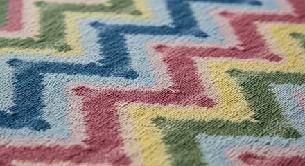 Close-up of a colorful geometric patterned rug with blue, green, yellow, and red hues.