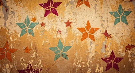 Vibrant star shapes in red, orange, and green on a distressed, peeling yellow background.