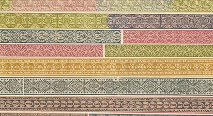 Close-up of colorful, patterned tiles arranged horizontally with various designs