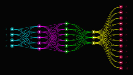 Colorful artificial neural network diagram with layered nodes and flowing connections, representing deep learning architecture, data processing, and modern AI technology on dark background