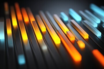 Modern financial model diagram with luminous bars in orange and blue glowing on dark background, creating dynamic and futuristic visual effect