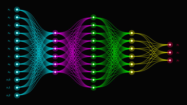Detailed artificial neural network visualization with layered nodes and glowing connections, representing deep learning architecture, data flow, machine intelligence, and modern AI systems