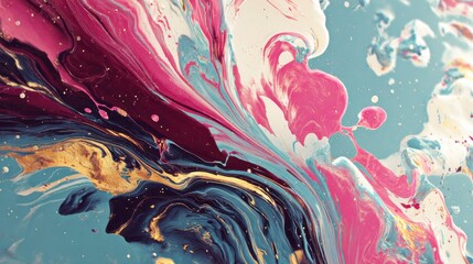 Abstract fluid art with swirling pink, blue, and gold paint creating dynamic and vibrant pattern full of movement and texture, evoking creativity and energy