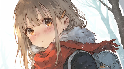 雪の日に振り返る赤いマフラー姿のアニメ美少女
