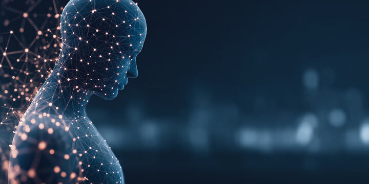 A digital human form glows with interconnected data points, illustrating the concept of Artificial Intelligence. - Powered by Adobe