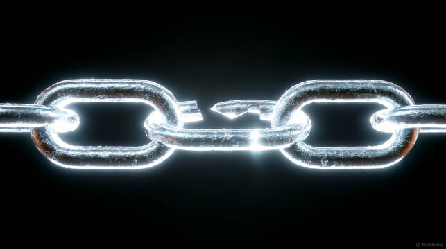 Glowing metallic chain with a broken game hero, illuminated against a dark background, symbolizing disconnection or fracture in connectivity