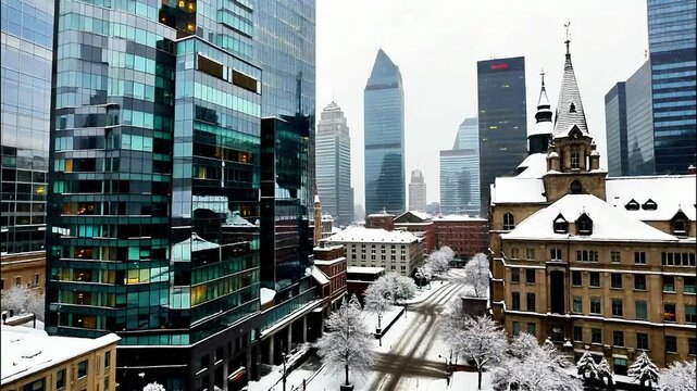 A snow-covered cityscape with skyscrapers and architecture. The photo captures a blend of modern and classic buildings