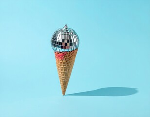 Disco ball 'ice cream' in cone against light blue backdrop