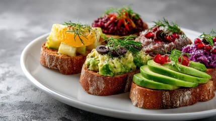 Various types of toast topped with different spreads and garnishes are served on a white plate. The meal features colorful ingredients and fresh herbs inviting a shared dining experience.