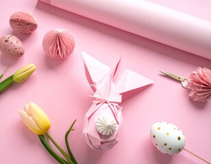 Pink Easter paper bunny, tulips, eggs, and decorations