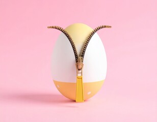 Egg with unzipped zipper, pastel pink backdrop