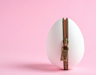Egg bisected by a zipper against a pink background