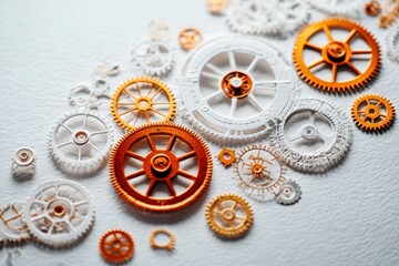 Precision gears displayed on white minimal board with intricate details in gold and silver tones, showcasing mechanical components with sharp focus and artistic arrangement