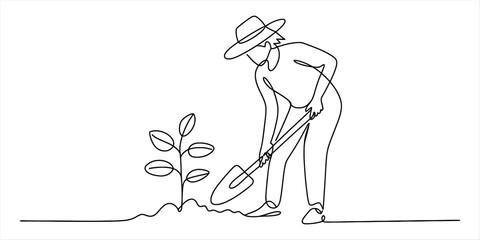 Farmer planting a sapling with a shovel in a garden Vector, illustration © Creative_Outline2019