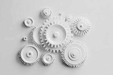 White precision gears displayed on minimal white background, showing mechanical parts with detailed teeth and circular shapes, symbolizing engineering and technology concepts