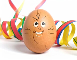 Egg with drawn face, confetti streamer, white background