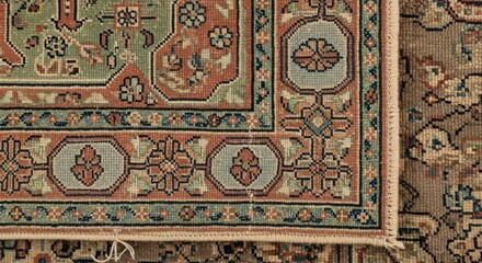 Close-up of a vintage rug with intricate floral patterns in earthy tones