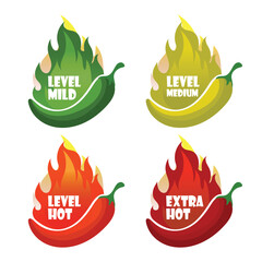 mild, medium, hot, and extra spice level stickers. Food design elements
